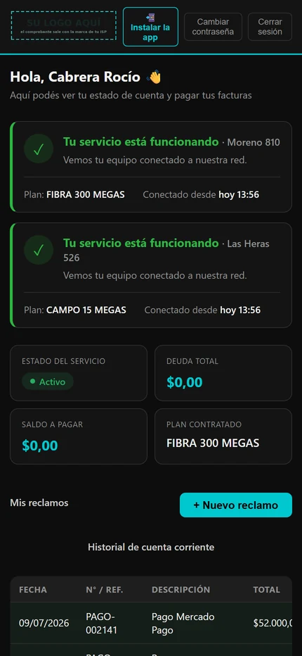 App del cliente: el estado de sus dos servicios en vivo, la deuda total, el saldo a pagar y el plan contratado