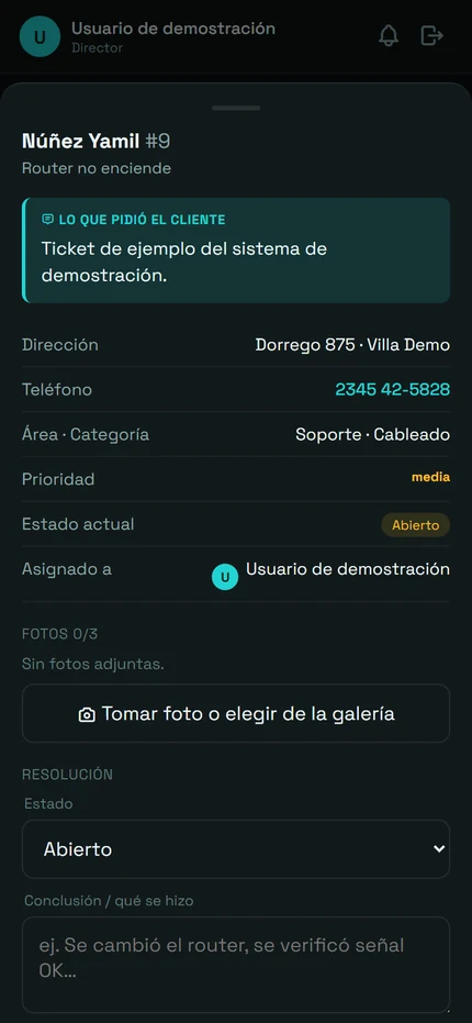 App del técnico: el detalle de un trabajo, con los datos del cliente y lo que hay que resolver