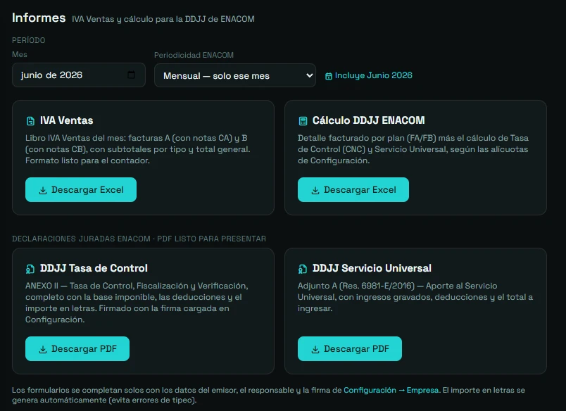 Pantalla de informes de Nodo: Libro de IVA Ventas y cálculo de la DDJJ de ENACOM en Excel, y las dos declaraciones juradas —Tasa de Control y Servicio Universal— en PDF listo para presentar