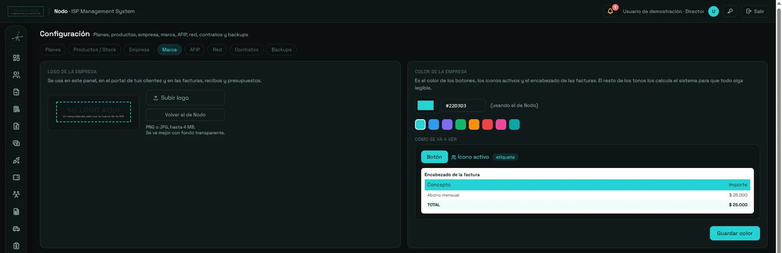 Configuración de marca en Nodo: subir el logo del ISP, elegir el color de la empresa y ver al instante cómo queda el encabezado de la factura